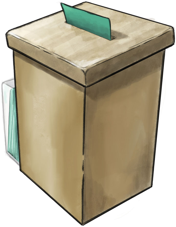 Illustration of a box with a piece of paper half-inserted through a slot in the lid.