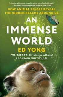 The cover of An Immense World by Ed Yong has a green background and shows a monkey looking up at a butterfly