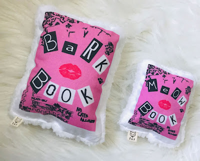 The bark book dog toy and meow book cat toy, like books but with a squeaker or catnip