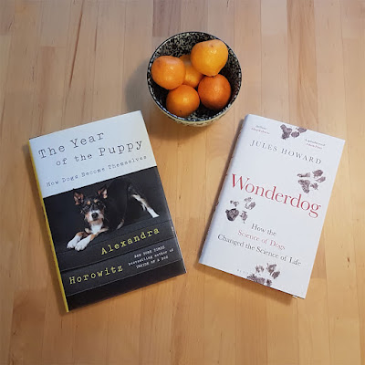 The books The Year of the Puppy and Wonderdog on a table with a blue bowl filled with satsumas