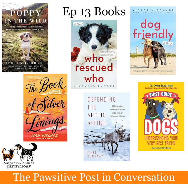 The covers of the books discussed, including The Book of Silver Linings, Defending the Arctic Refuge, and A First Guide to Dogs