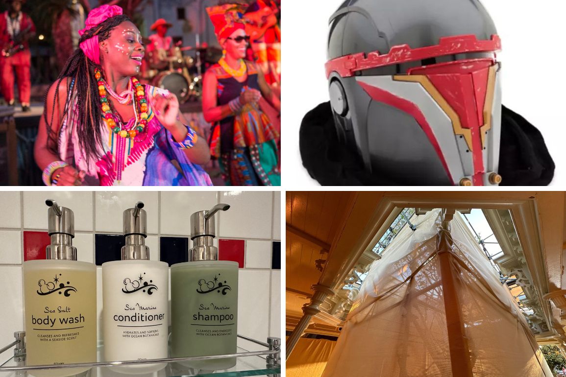 A collage featuring a festival with participants in traditional attire, a detailed helmet, a set of body care products (shampoo, conditioner, body wash), and a construction tarp covering part of a building interior makes for an intriguing daily recap.